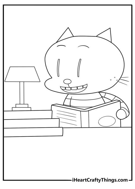 Little Petey as Cat Kid reading a sketchbook under a desk lamp cute kawaii coloring page