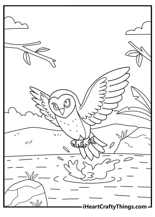 Owl printable coloring sheet fishing owl catching fish from river action pdf