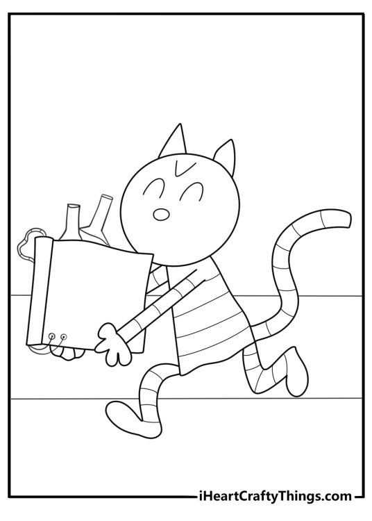 Petey the Cat in a lab building a gadget with wires and test tubes detailed coloring sheet pdf