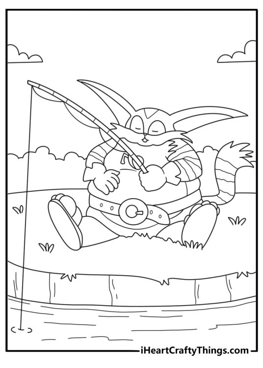 Printable Sonic coloring sheet with Big the Cat fishing by a pond