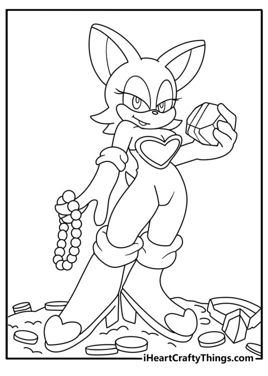 Printable coloring page of Rouge the Bat near a treasure vault