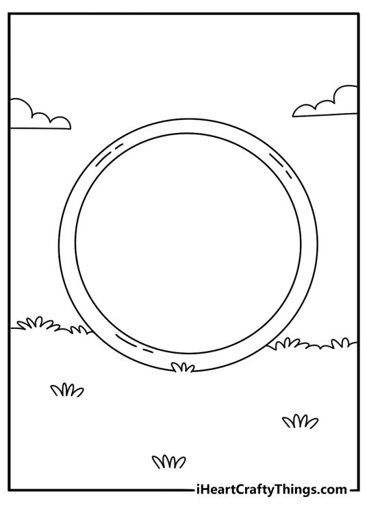 Simple Sonic coloring page with a golden ring portal on grass