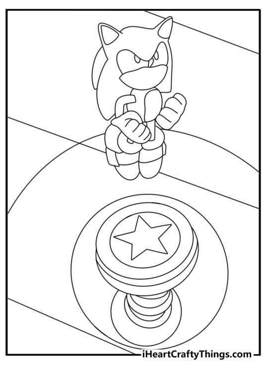 Sonic coloring page for kids with Sonic bouncing on a spring pad