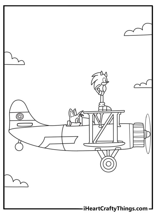 Sonic coloring page with Sonic and Tails flying in the Tornado plane