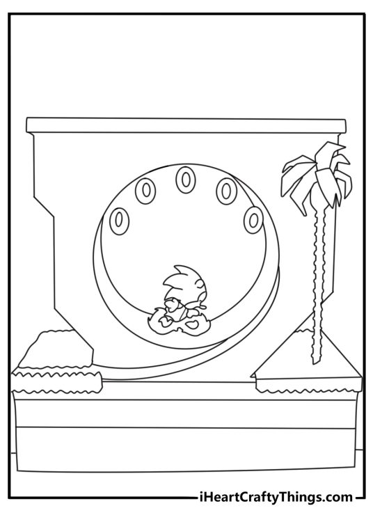 Sonic coloring page with Sonic collecting rings on looped hills