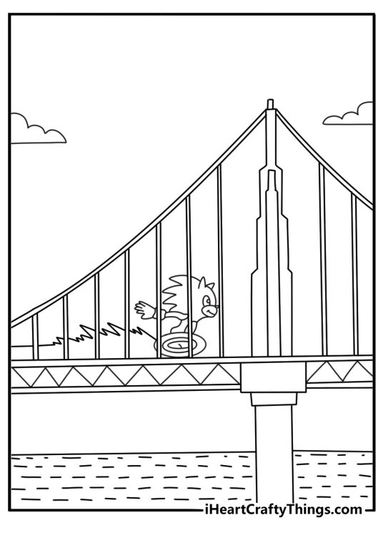 Sonic coloring page with Sonic crossing a bridge over water
