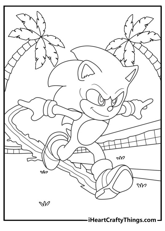 Sonic coloring pages scene with Sonic racing past palm trees and ramps