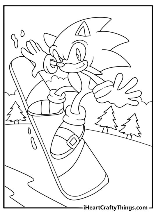 Sonic coloring pages scene with Sonic snowboarding down an icy slope