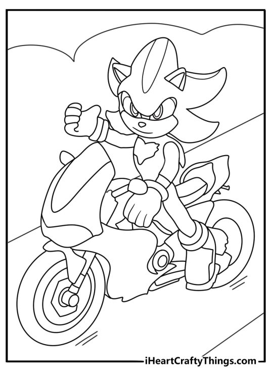 Sonic coloring printable with Shadow riding a motorcycle on a road