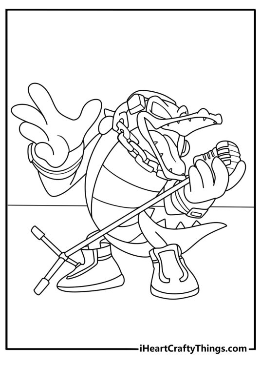Sonic coloring printable with Vector the Crocodile holding a microphone