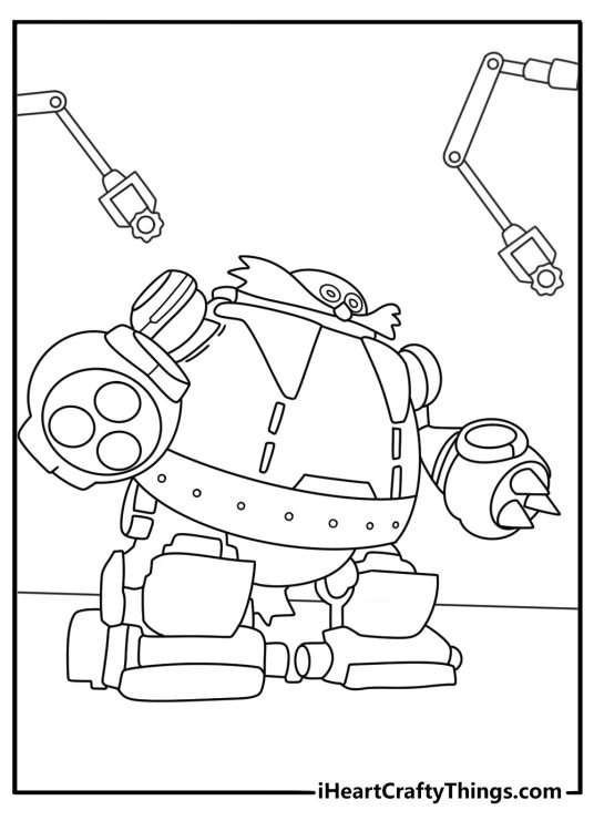 Sonic coloring sheet with Dr Eggman building a robot in his workshop