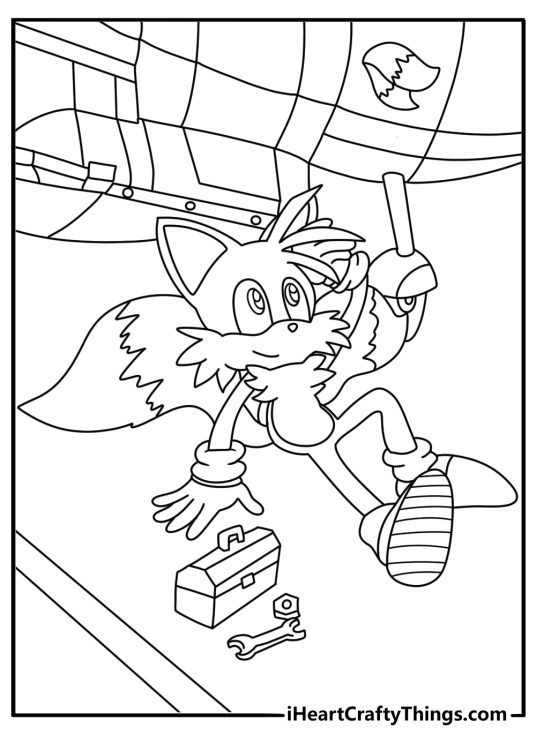 Sonic coloring sheet with Tails fixing the Tornado plane