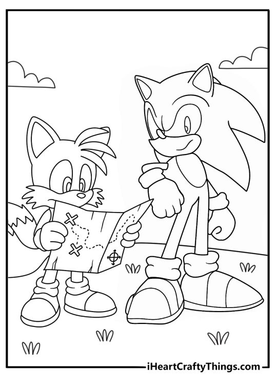 Sonic coloring sheet with Tails reading a map beside Sonic