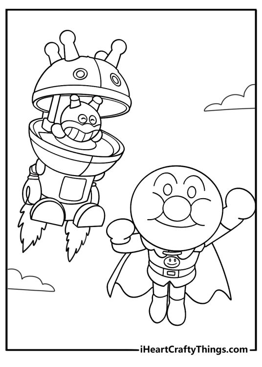 anpanman and baikinman sky chase detailed coloring page