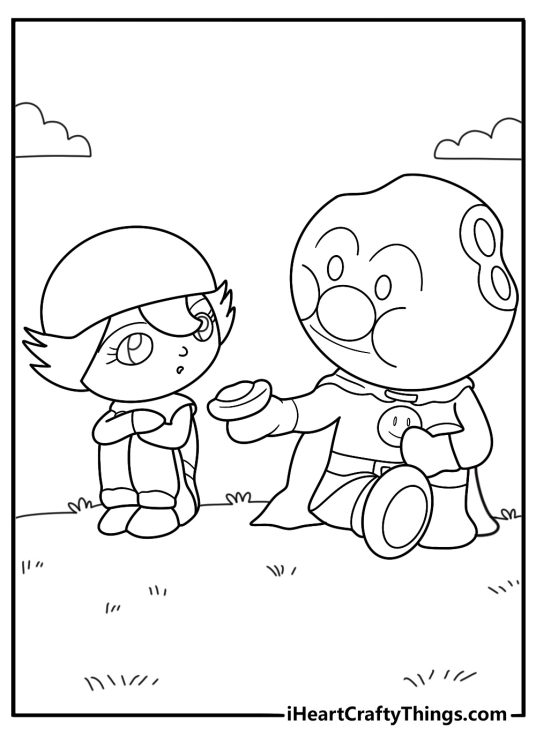 anpanman sharing bread face to help friend printable coloring page