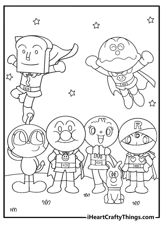 anpanman with friends team lineup coloring page for kids