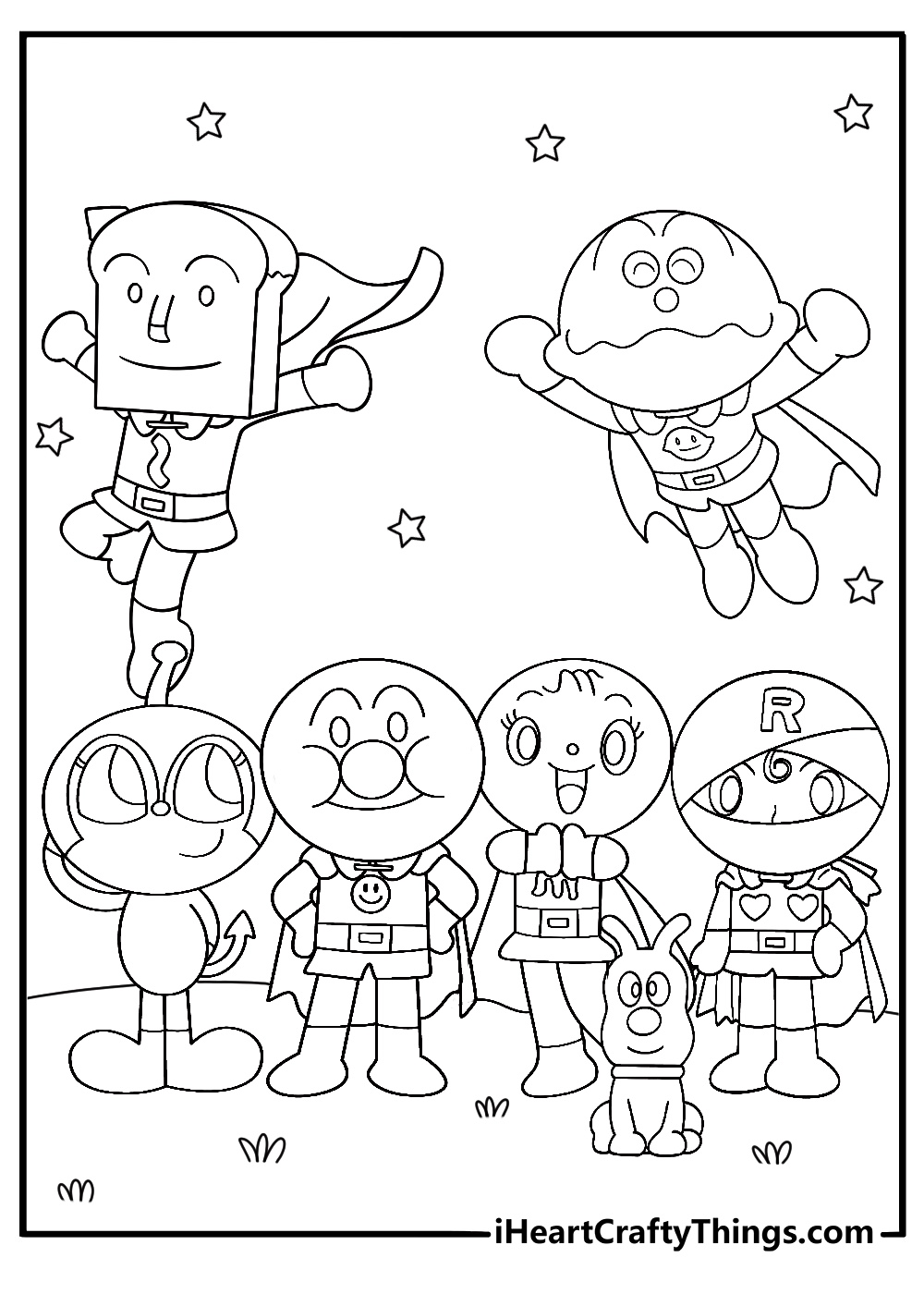 anpanman with friends team lineup coloring page for kids