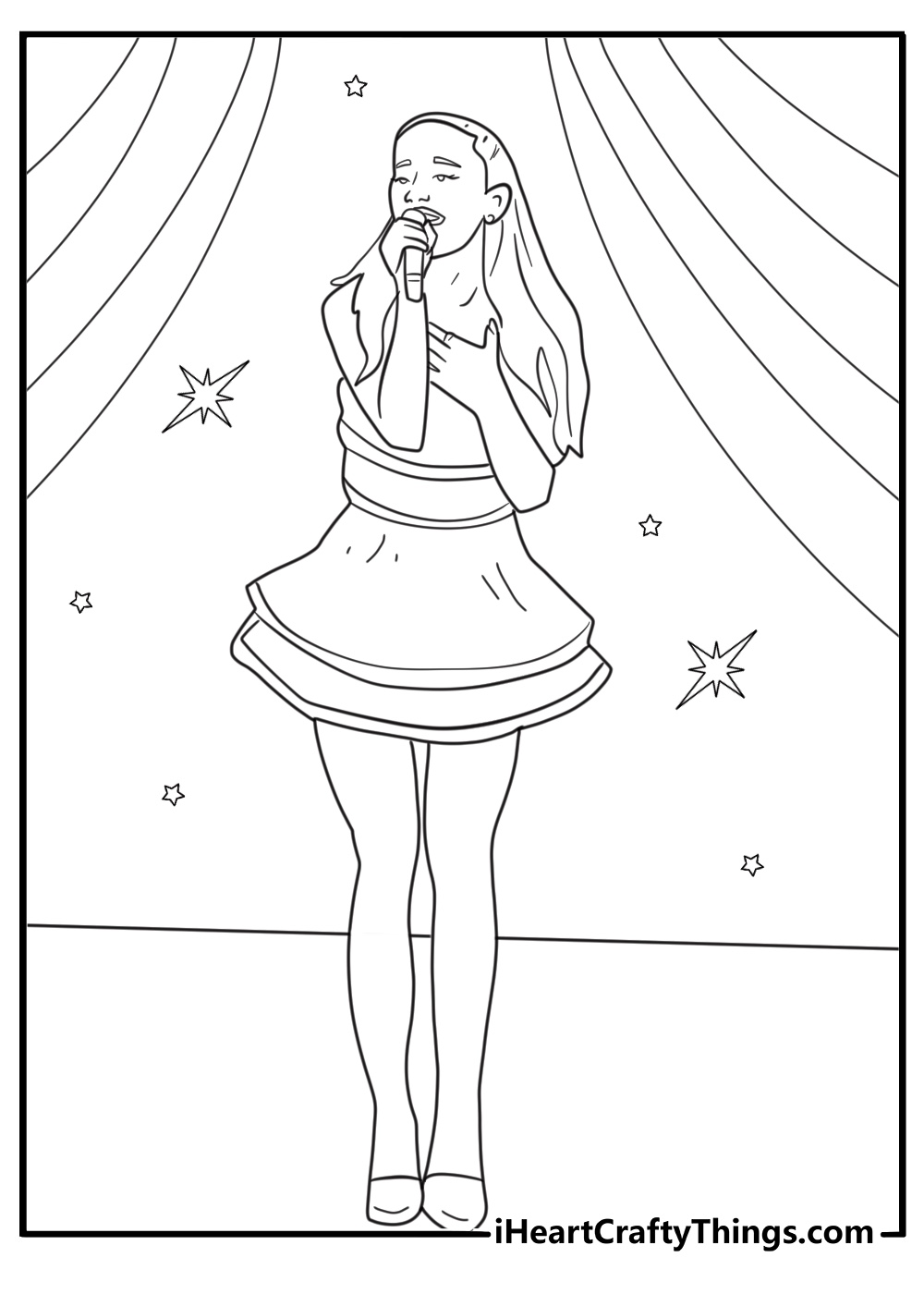 ariana grande coloring page featuring the singer performing on stage with a microphone