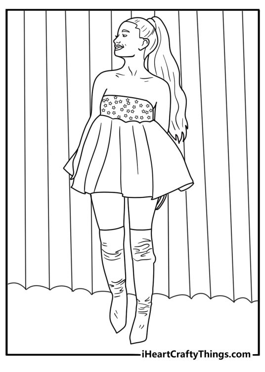 ariana grande coloring pdf featuring her wearing a sparkling dress and platform boots