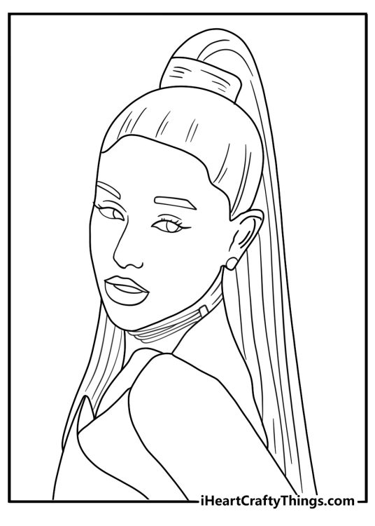 ariana grande printable coloring page capturing her signature ponytail and winged eyeliner