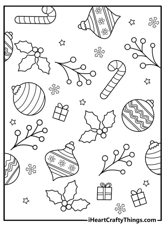 christmas pattern coloring sheet trees ornaments candy canes pdf
