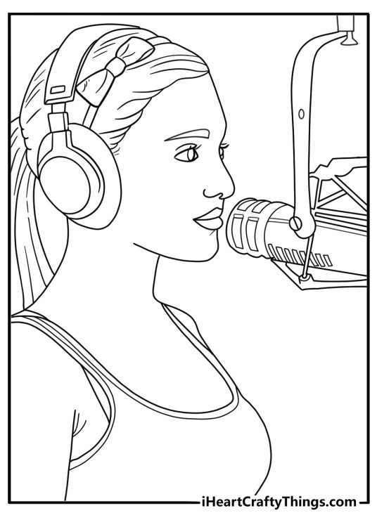 coloring page for kids showing ariana grande with headphones in a recording studio