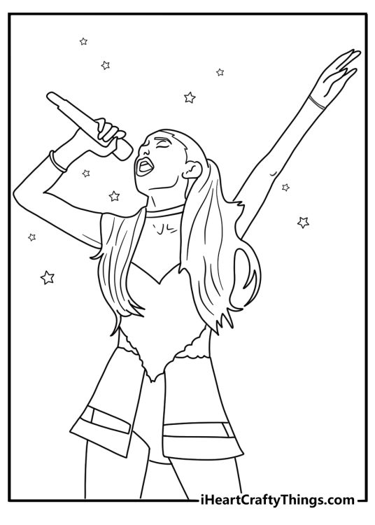coloring picture for adults of ariana grande performing with a hand raised to the crowd