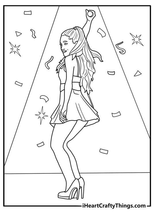 cute ariana grande coloring page featuring her dancing under falling confetti