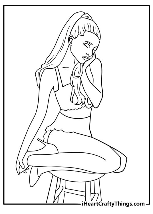 cute ariana grande coloring sheet showing her sitting on a stool with studio background