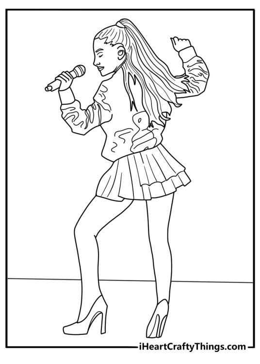 detailed ariana grande printable coloring picture of her singing in a concert outfit