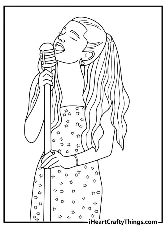 downloadable ariana grande coloring page depicting her standing beside a microphone stand