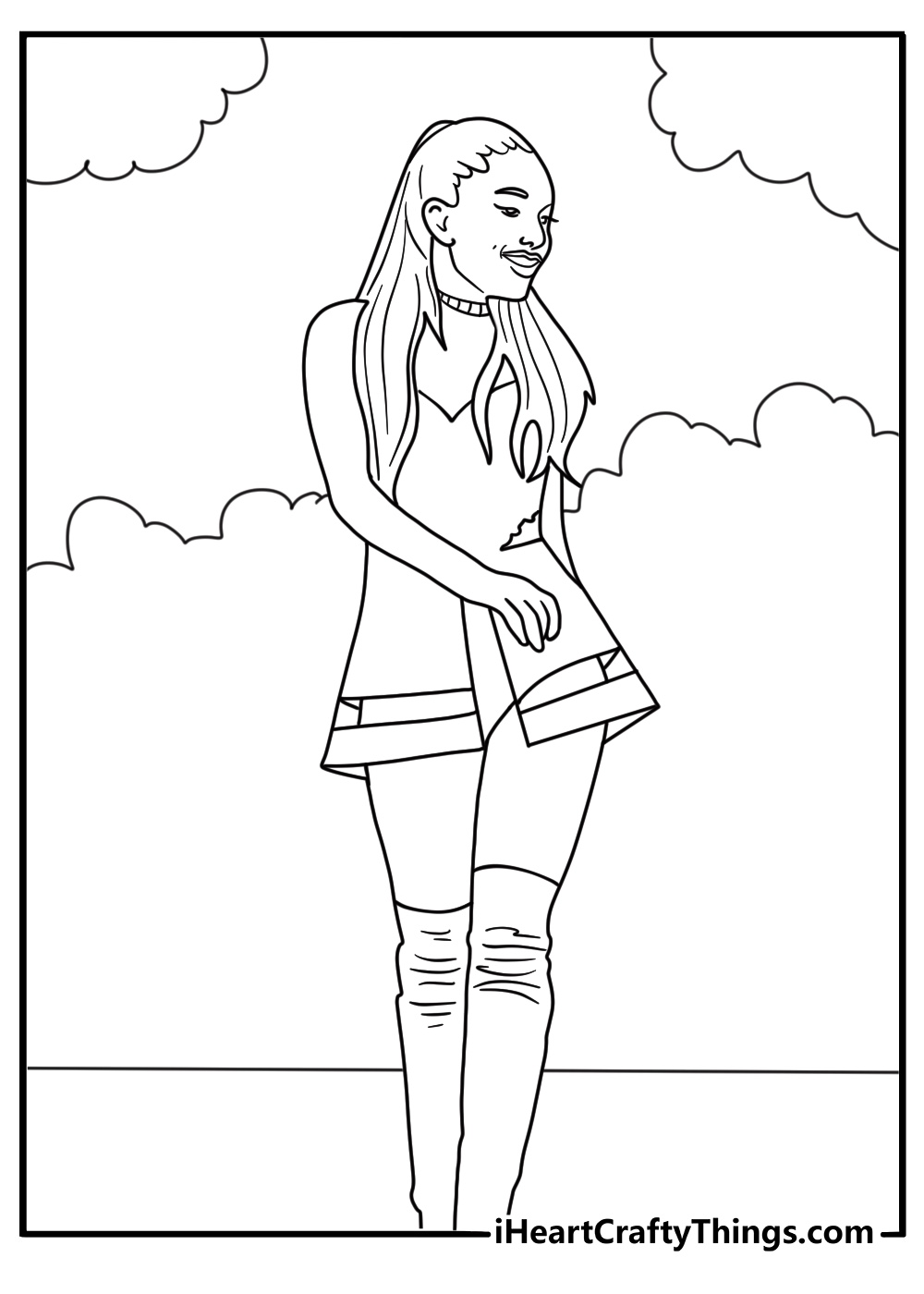 easy ariana grande coloring sheet for kids featuring her smiling on stage with spotlights