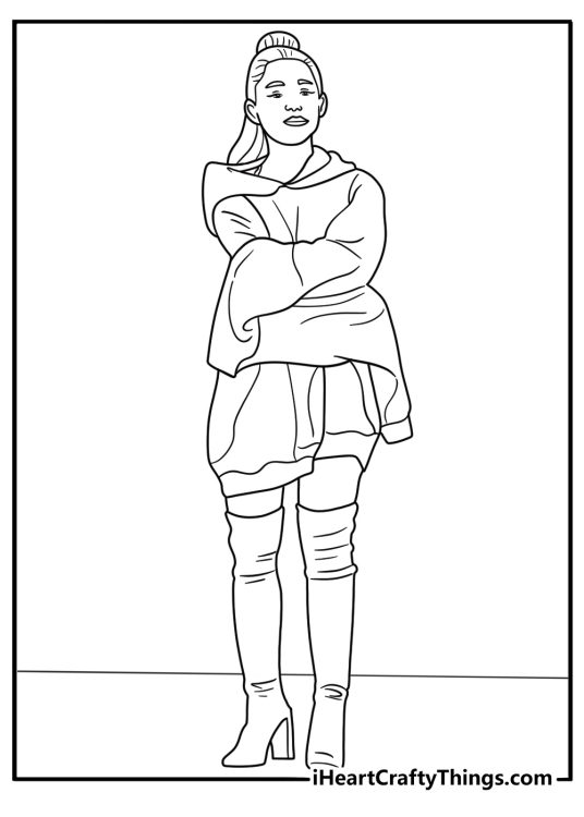 easy coloring page of ariana grande wearing a hoodie and boots for a casual portrait