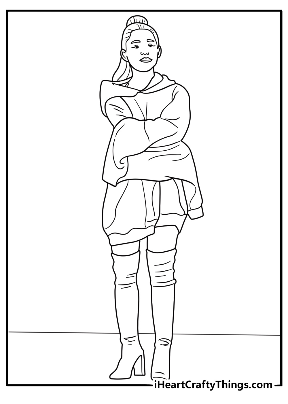 easy coloring page of ariana grande wearing a hoodie and boots for a casual portrait