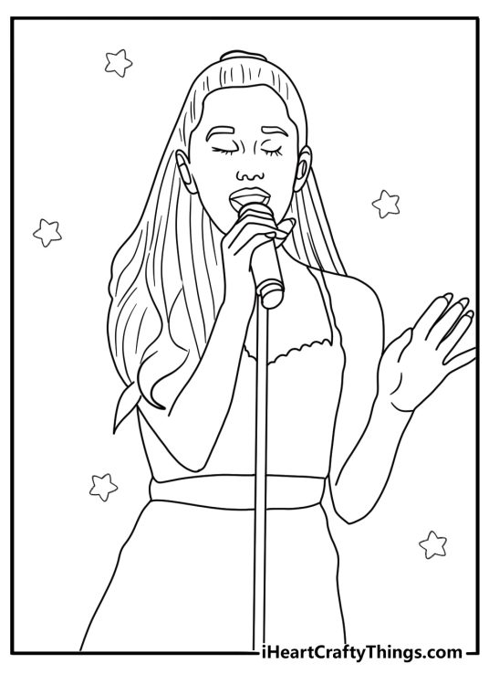 free ariana grande coloring sheet showing the pop star in a live performance pose