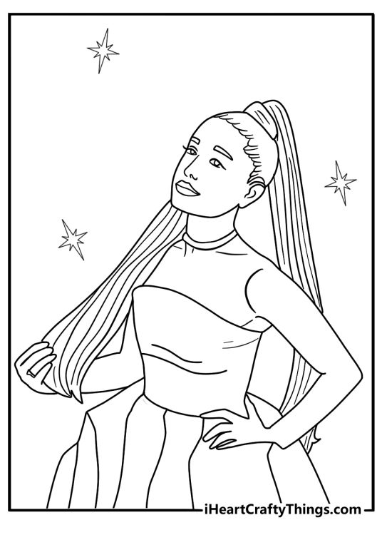 free printable ariana grande coloring picture with her in a music video scene