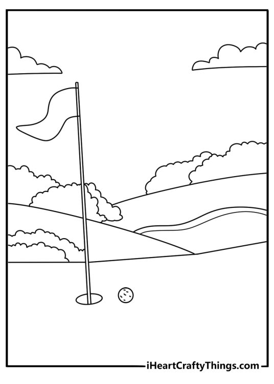 golf course landscape coloring sheet with lake and trees