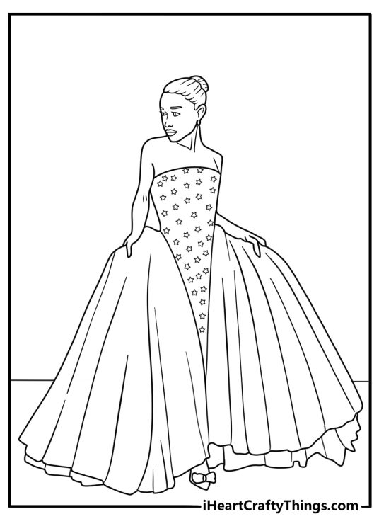 printable coloring sheet of ariana grande wearing a glamorous red carpet gown