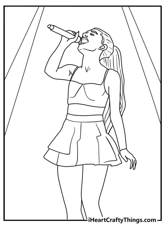 simple ariana grande coloring page for kids showing her holding a mic during a live show