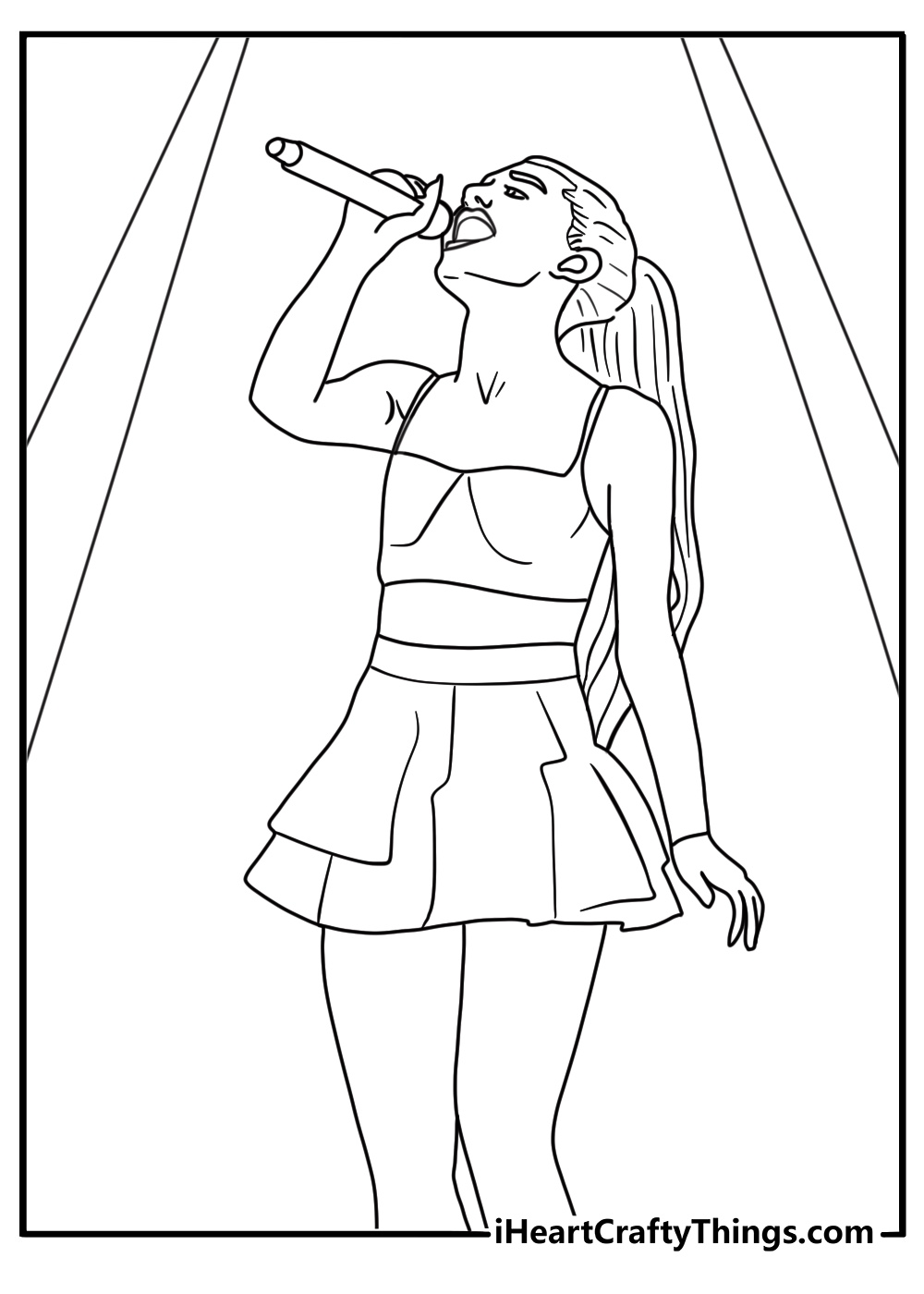 simple ariana grande coloring page for kids showing her holding a mic during a live show