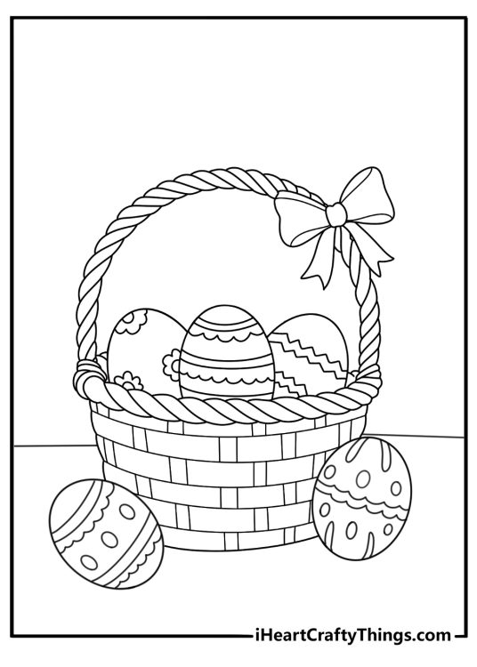 Cartoon style Easter basket tipping over with eggs rolling out coloring page
