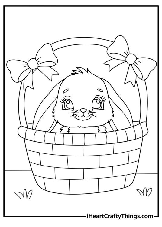Cute bunny sitting inside Easter basket coloring sheet for kids