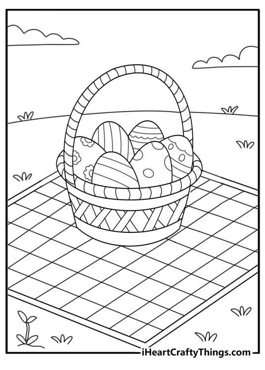 Easter basket coloring page showing basket on picnic blanket