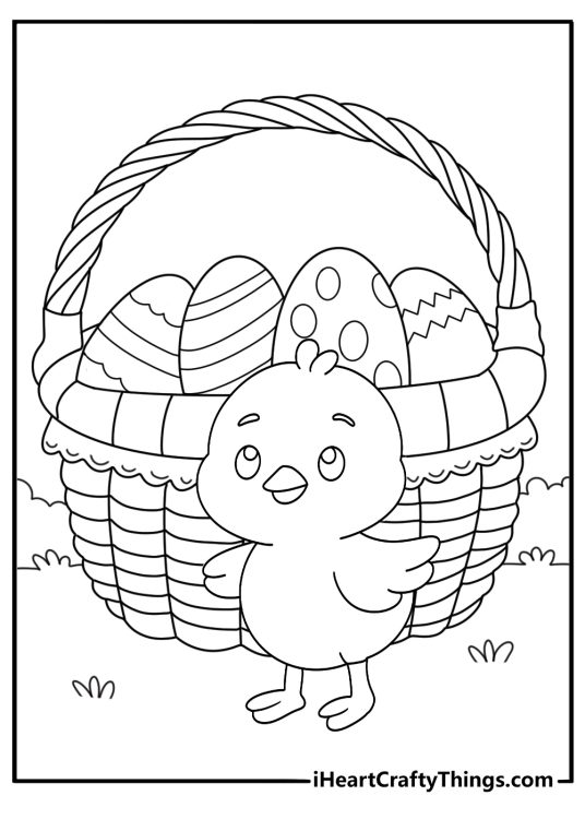 Easter basket coloring pages featuring chick standing beside basket