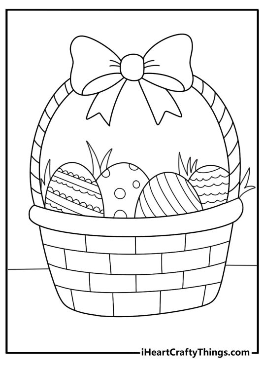 Easter basket coloring pages with patterned eggs and ribbon bow