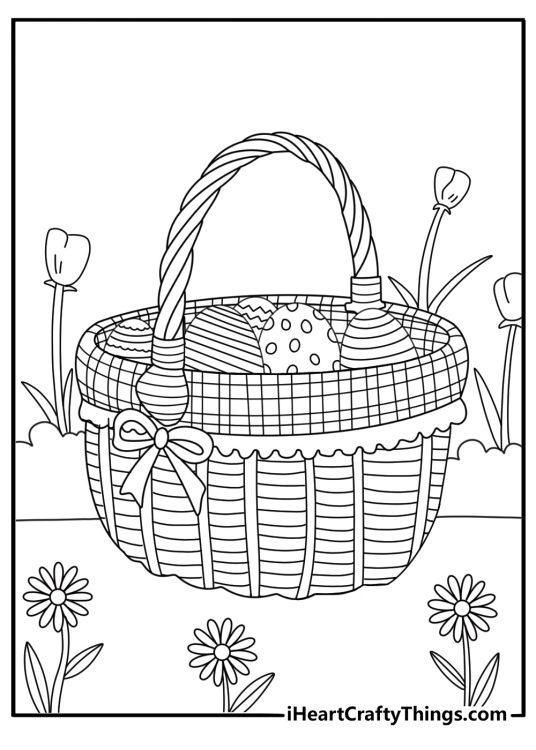 Floral Easter basket with tulips and daisies detailed printable page