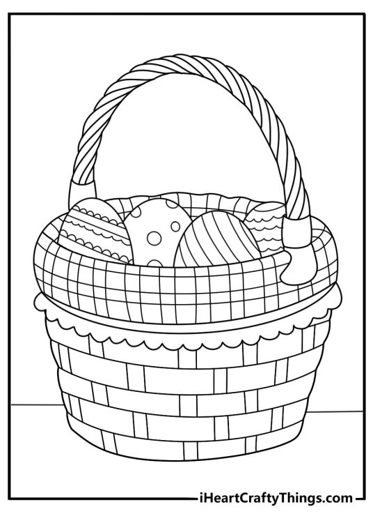 Large Easter basket coloring page with tall handle and patterned liner