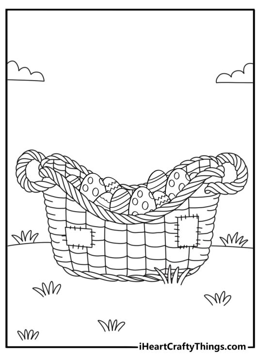 Rustic Easter basket with patchwork fabric liner coloring sheet