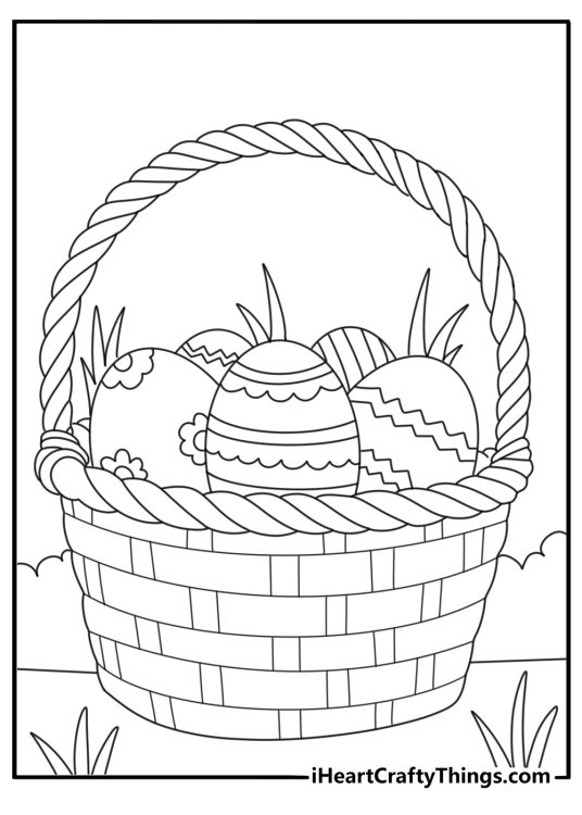 Simple Easter basket coloring page with woven handle and grass filler