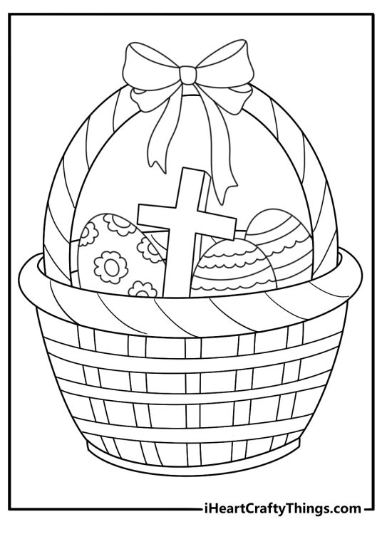 Simple line art Easter basket with cross symbol for church activity